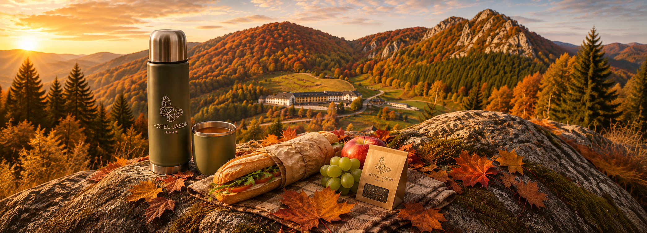 Autumn hillside landscape with a picnic setup: a Hotel Jason thermos and mug, baguette sandwich, grapes, apple, and leaf-litter on a rock.