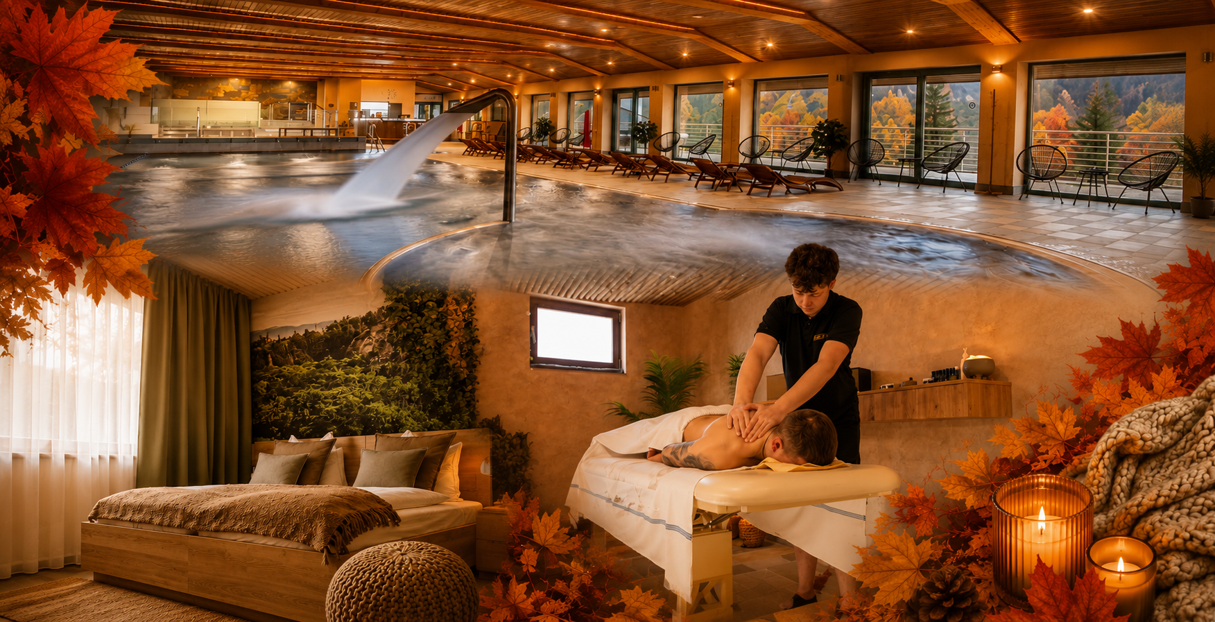 Indoor spa scene: a large pool with a waterfall next to a massage bed in warm, autumn-themed decor.